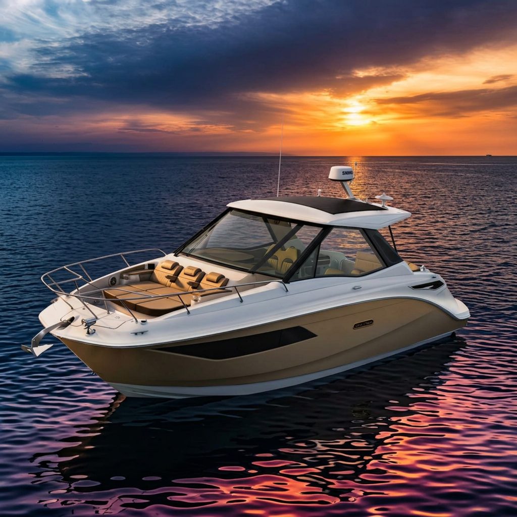 Sea Ray Sundancer 320 2026 model on sunset on Mediterranean Sea, Ayia Napa, Cyprus with Cava Blu Yacht Charters