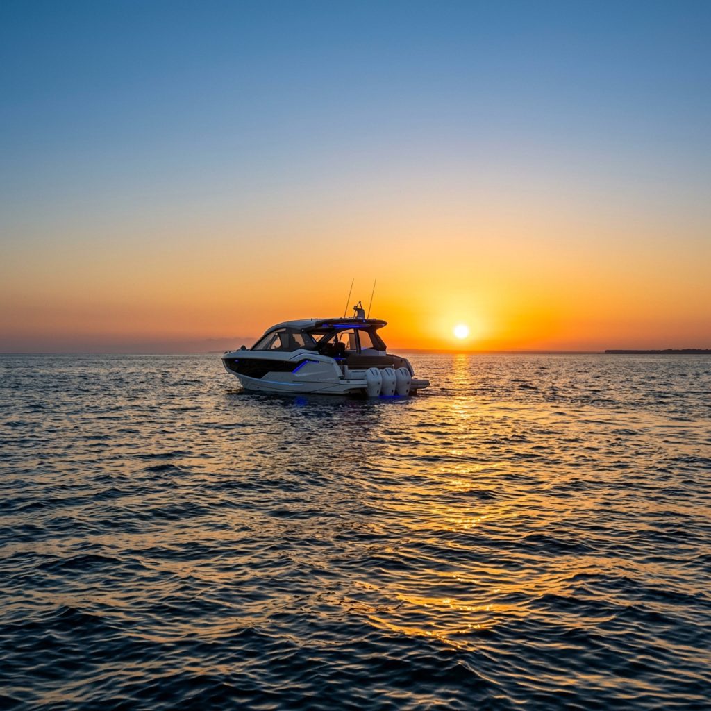 Sunset on Meditterranean Sea with Angelica, the Galeon 375 GTO, luxury yacht charter for rent in Ayia Napa, Cyprus